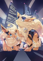 Rule 34 | :3, arcanine, blue eyes, blue sclera, building, closed mouth, clothed pokemon, clothes writing, colored sclera, creatures (company), earpiece, english text, eyewear on head, fang, flareon, full body, game freak, gen 1 pokemon, glint, green eyes, happy, highres, jpeg artifacts, looking at viewer, night, nintendo, no humans, open mouth, outdoors, pokemon, pokemon (creature), police, police badge, police uniform, skin fang, skyscraper, smile, standing, star (sky), star (symbol), sunglasses, uniform, vest, yutopia (neveyk)