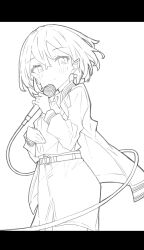 Rule 34 | 1girl, bang dream!, bang dream! it&#039;s mygo!!!!!, belt, breasts, closed mouth, collared shirt, commentary request, cow, dress shirt, earrings, greyscale, hair between eyes, highres, holding, holding microphone, jacket, jewelry, kai3700, letterboxed, lineart, looking at viewer, microphone, monochrome, open clothes, open jacket, shirt, short hair, simple background, skirt, small breasts, solo, takamatsu tomori, white background