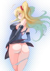 Rule 34 | 1girl, ass, bad id, bad pixiv id, blonde hair, breasts, detached sleeves, dress, female focus, from behind, hokuto (hokuto pk), long hair, looking back, open mouth, original, panties, panty pull, red eyes, solo, twintails, underwear, undressing