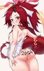 Rule 34 | 1girl, arm tattoo, ass, black horns, blue archive, blush, breasts, cleanerjay, cowboy shot, dated, from behind, fundoshi, grin, halo, hand on own thigh, highres, horns, japanese clothes, long hair, microskirt, panties, pleated skirt, ponytail, red eyes, red hair, red halo, red sailor collar, red tail, renge (blue archive), sailor collar, school uniform, serafuku, simple background, single horn, skirt, small breasts, smile, solo, tattoo, underwear, white background, white panties, white skirt