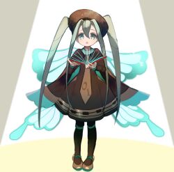 Rule 34 | 1girl, aqua nails, beret, black pantyhose, blue wings, book, brown cape, brown dress, brown hat, brown necktie, bug miku (project voltage), butterfly wings, cape, commentary request, creatures (company), cyawa, dress, full body, game freak, green eyes, green hair, hair between eyes, hair through headwear, hat, hatsune miku, highres, holding, holding book, insect wings, long necktie, long sleeves, looking up, necktie, nintendo, open mouth, pantyhose, parted bangs, pokemon, project voltage, simple background, solo, spotlight, twintails, vocaloid, wings, yellow background