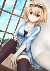 Rule 34 | 1girl, alice margatroid, bad id, bad pixiv id, between legs, black thighhighs, blonde hair, blue dress, breasts, cleavage, collarbone, commentary request, dress, eyebrows, hairband, hand between legs, hand on own knee, highres, jewelry, long sleeves, looking at viewer, necklace, red eyes, short hair, sitting, solo, thighhighs, touhou, window, yuki (snowmaiden)