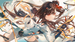 Rule 34 | 1girl, armor, brown hair, chinese clothes, commentary request, floating hair, girls&#039; frontline, girls&#039; frontline 2: exilium, glass shards, gun, hair ornament, highres, long hair, looking at viewer, orange eyes, parted lips, qbz-191, qbz-191 (girls&#039; frontline), rifle, satsuya, shoulder armor, solo, weapon