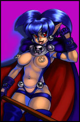 Rule 34 | 1girl, armor, blue hair, boots, breastless clothes, breasts, breasts apart, cape, cowboy shot, data east, death (magical drop), demon girl, dutch angle, earrings, elazuls-core, facing viewer, fangs, gloves, jewelry, large breasts, long hair, long pointy ears, looking at viewer, magical drop, medium breasts, navel, nipple piercing, nipple rings, nipples, pauldrons, piercing, pointy ears, red eyes, revealing clothes, shoulder armor, simple background, slingshot swimsuit, solo, staff, standing, swimsuit, thigh boots, thighhighs, tongue, tongue out