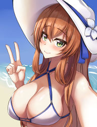 Rule 34 | 1girl, airbo, beach, blue ribbon, blush, breasts, cleavage, closed mouth, collarbone, commentary, girls&#039; frontline, green eyes, hair ornament, hair ribbon, hat, hat ribbon, highres, large breasts, long hair, looking at viewer, one-piece swimsuit, orange hair, ribbon, simple background, smile, solo, springfield (girls&#039; frontline), springfield (stirring mermaid) (girls&#039; frontline), swimsuit, upper body, v, white hat, white one-piece swimsuit