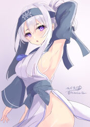 Rule 34 | 1girl, absurdres, ainu clothes, blue eyes, breasts, folded ponytail, highres, hizaka, kamoi (kancolle), kantai collection, looking at viewer, medium breasts, one-hour drawing challenge, open mouth, sideboob, simple background, solo, thick eyebrows, twitter username, white hair, wrist guards
