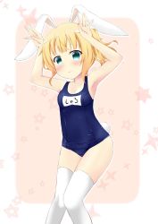 Rule 34 | 1girl, alternate hairstyle, animal ears, armpits, bad id, bad pixiv id, bare arms, bare shoulders, blonde hair, blue eyes, blunt bangs, blush, breasts, cleavage, collarbone, cowboy shot, gochuumon wa usagi desu ka?, kirima syaro, knees together feet apart, light smile, looking at viewer, name tag, navel, old school swimsuit, one-piece swimsuit, pink background, playboy bunny swimsuit, rabbit ears, rabbit pose, rabbit tail, school swimsuit, short hair, side ponytail, small breasts, solo, standing, swimsuit, tail, tareme, thighhighs, white thighhighs, yasaka (astray l)