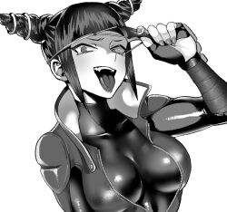 Rule 34 | 1girl, breasts, commentary request, cone hair bun, double bun, eye (mememem), eyepatch, eyepatch lift, fangs, fingerless gloves, gloves, greyscale, hair bun, han juri, impossible clothes, impossible shirt, large breasts, monochrome, open mouth, shirt, sidelocks, smile, solo, street fighter, street fighter v, tongue, tongue out, turtleneck, upper body, zipper