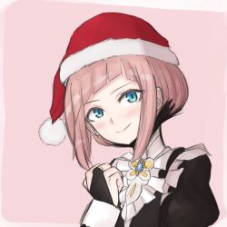 Rule 34 | 1girl, blue eyes, cryopon, european clothes, felicia (fire emblem), fire emblem, fire emblem fates, gloves, hat, highres, maid, nintendo, pink background, pink hair, santa hat, simple background, solo