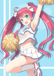 1girl ahoge aqua_eyes arm_up armpits bare_shoulders blush breasts cheerleader crop_top crop_top_overhang female_focus hair_ribbon hyuuga_azuri long_hair looking_at_viewer midriff navel open_mouth original pink_hair pom_pom_(cheerleading) ribbon shiny_skin shoes skirt smile sneakers socks solo striped_background twintails white_socks