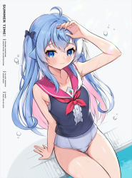 Rule 34 | 1girl, ahoge, arm support, arm up, bare arms, bare shoulders, black bow, black shirt, blue hair, blush, bow, breasts, center frills, closed mouth, commentary request, feet out of frame, frills, grey background, hair between eyes, hair bow, highres, kagura nana, multicolored hair, nanakagu karatou ch, neckerchief, old school swimsuit, one-piece swimsuit, pink hair, pink sailor collar, poolside, red neckerchief, sailor collar, school swimsuit, shirt, sitting, sleeveless, sleeveless shirt, small breasts, solo, sosai salada, swimsuit, swimsuit under clothes, two-tone hair, two side up, virtual youtuber, water, wet, white one-piece swimsuit