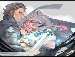 Rule 34 | 1boy, 1girl, armor, beard, blue eyes, breasts, brown hair, cleavage, couple, elbow gloves, facial hair, fingerless gloves, gloves, glowing, hetero, hitowa, holding, holding sword, holding weapon, knight, leotard, long hair, original, pink hair, pointy ears, protecting, red eyes, sword, weapon