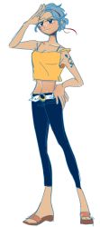 Rule 34 | 1girl, blue hair, capri pants, east blue, hairband, hand on own hip, jeremy (artist), nojiko, one piece, pants, sandals, short hair, solo, standing, tattoo, transparent background