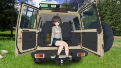 Rule 34 | 1girl, absurdres, acrux, akiyama yukari, ankle boots, artist logo, backpack, bag, black footwear, blue skirt, blue sky, boots, brown eyes, brown hair, car, casual, cloud, cloudy sky, commentary, dated, day, drawstring, english commentary, forest, girls und panzer, grass, grey hoodie, grey skirt, grin, highres, hood, hood down, hoodie, legs, messy hair, miniskirt, motor vehicle, nasa logo, nature, nissan, nissan safari, outdoors, photo background, short hair, sitting, skirt, sky, smile, solo, sports utility vehicle, thighs
