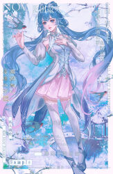 Rule 34 | 1girl, absurdres, bird, blue dress, blue eyes, blue hair, detached sleeves, douluo dalu, dress, full body, gradient hair, hand on own chest, high heels, highres, kunkun kuakua kuku ka kaji, long sleeves, low twintails, multicolored hair, parted lips, pink skirt, second-party source, skirt, solo, tang wutong (douluo dalu), teeth, thighhighs, twintails, watermark, white thighhighs
