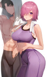 Rule 34 | 1boy, 1girl, absurdres, bare shoulders, black hair, blush, breasts, collarbone, fate/grand order, fate (series), fujimaru ritsuka (male), hair over one eye, highres, large breasts, light purple hair, looking at viewer, mash kyrielight, navel, open mouth, pants, purple eyes, purple pants, purple sports bra, rororo, short hair, sports bra, thighs, topless male, towel, yoga pants