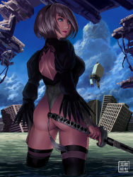 Rule 34 | 1girl, ass, back cutout, black footwear, black hairband, black thighhighs, blue eyes, boots, clothing cutout, drone, feather-trimmed sleeves, from behind, hairband, highres, leotard, lips, long sleeves, making-of available, mole, mole under mouth, nier (series), nier:automata, no blindfold, no pants, pod (nier:automata), ruins, ryu shou, silver hair, solo, thigh boots, thighhighs, thighhighs under boots, wading, white leotard, 2b (nier:automata)