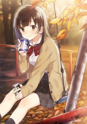 Rule 34 | 1girl, artist name, blush, booota, bow, bowtie, brown eyes, brown hair, can, canned coffee, cardigan, closed mouth, drink can, feet out of frame, female focus, hand up, hige wo soru. soshite joshikousei wo hirou., highres, leaf, light smile, long hair, looking at viewer, maple leaf, ogiwara sayu, plaid, plaid skirt, pleated skirt, school uniform, shirt, sidelocks, sitting, skirt, socks, solo, swing