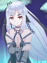 Rule 34 | 1girl, absurdly long hair, animal ears, aquaplus, arm grab, breasts, breasts squeezed together, bright pupils, chain, choker, closed mouth, cloud, cloudy sky, collarbone, dress, earrings, hanahujia, highres, jewelry, kuon (utawarerumono), kuon tenshi, large breasts, long hair, looking to the side, night, night sky, purple eyes, rinne, see-through, see-through sleeves, sidelocks, sky, sleeveless, solo, spoilers, star (sky), starry sky, swept bangs, upper body, utawarerumono, utawarerumono: futari no hakuoro, utawarerumono: lost flag, very long hair, white hair, white pupils