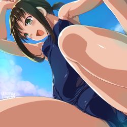 Rule 34 | 1girl, armpits, artist name, bare arms, bare legs, bare shoulders, black hair, blue sky, blue one-piece swimsuit, breasts, cameltoe, close-up, commentary request, dated, day, dd (ijigendd), from below, fubuki (kancolle), gluteal fold, hair ribbon, highres, kantai collection, low ponytail, one-piece swimsuit, open mouth, ponytail, ribbon, school swimsuit, short hair, short ponytail, sidelocks, sky, small breasts, smile, solo, swimsuit