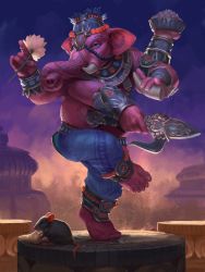 Rule 34 | 1boy, alternate costume, animal ears, barefoot, blue eyes, bracelet, dancing, elephant, elephant ears, extra arms, fat, fat man, flower, food, furry, furry male, ganesha (smite), hat, highres, horns, jewelry, male focus, mouse (animal), official art, sky, smite, solo, tattoo, topless male, weapon