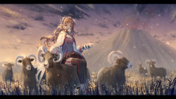 Rule 34 | 1girl, animal, arknights, black footwear, black thighhighs, boots, brown dress, brown hair, cape, cloud, cloudy sky, commentary request, cross-laced footwear, curled horns, dress, eyjafjalla (arknights), field, fur-trimmed dress, fur trim, highres, horns, ji dao ji, lace-up boots, letterboxed, long hair, looking at viewer, mountain, outdoors, parted lips, red eyes, riding, sitting, sky, solo, thighhighs, very long hair, white cape