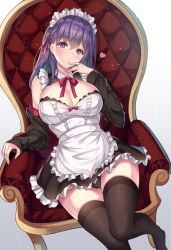 Rule 34 | 1girl, alternate costume, apron, bare shoulders, black dress, black panties, black thighhighs, breasts, cameltoe, cenangam, chair, cleavage, closed mouth, detached sleeves, dress, enmaided, fate/stay night, fate (series), finger to mouth, frills, hair ribbon, hand up, heart, large breasts, lingerie, long hair, long sleeves, looking at viewer, maid, maid apron, maid headdress, matou sakura, neck ribbon, no shoes, panties, pantyshot, purple eyes, purple hair, red ribbon, ribbon, sitting, solo, thighhighs, underwear