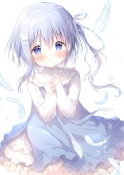 Rule 34 | 1girl, :o, blue dress, blue eyes, blue hair, blue ribbon, blush, commentary request, dress, feathers, frilled dress, frills, hair between eyes, hair ribbon, hands up, highres, long hair, long sleeves, looking at viewer, one side up, original, parted lips, ribbon, shiratama (shiratamaco), shirt, sleeves past wrists, solo, very long hair, white feathers, white shirt, wing hair ornament