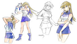Rule 34 | 1girl, 203wolves, ankle boots, artist name, bare arms, bare shoulders, belt, blonde hair, blue skirt, boots, breasts, buttons, card, closed mouth, duel academy uniform (yu-gi-oh! gx), duel disk, full body, high heel boots, high heels, highres, holding, lineart, long hair, looking away, medium breasts, miniskirt, multiple views, open mouth, signature, simple background, skirt, sleeveless, tenjouin asuka, turtleneck, white background, yellow eyes, yu-gi-oh!, yu-gi-oh! gx