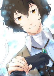 Rule 34 | 10s, 1boy, artist request, bandages, black gloves, brown eyes, brown hair, bungou stray dogs, dazai osamu (bungou stray dogs), gloves, gradient background, hair between eyes, holding, holding wrist, male focus, smile, solo, upper body, white background