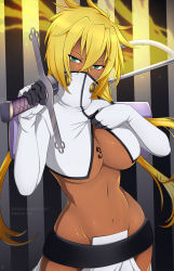 Rule 34 | 1girl, arrancar, bleach, blonde hair, breast tattoo, breasts, cropped jacket, dark-skinned female, dark skin, female focus, green eyes, holding, holding sword, holding weapon, jacket, large breasts, lindaroze, loincloth, looking at viewer, navel, no panties, number tattoo, numbered, ponytail, revealing clothes, solo, sword, tattoo, tier harribel, underboob, weapon, white jacket