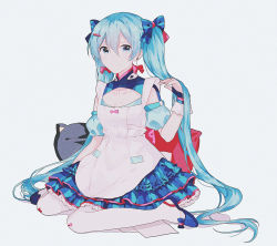 Rule 34 | 1girl, apron, bad id, bad pixiv id, blue bow, blue eyes, blue footwear, blue hair, bow, bow earrings, cleavage cutout, closed mouth, clothing cutout, cushion, dress, earrings, fingerless gloves, frilled dress, frills, full body, gloves, grey background, hair between eyes, hair bow, hand in own hair, hatsune miku, highres, jewelry, long hair, looking at viewer, migolu, pantyhose, red bow, shoes, simple background, sitting, smile, solo, twintails, very long hair, vocaloid, wariza, white pantyhose, wrist cuffs