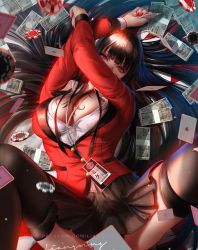 Rule 34 | 1girl, arms up, banknote, black hair, black skirt, breasts, card, cleavage, collared shirt, commentary, dress shirt, holding, holding card, hyakkaou academy school uniform, id card, jabami yumeko, jacket, kakegurui, knees up, large breasts, liang xing, long hair, looking at viewer, lying, miniskirt, money, nail polish, on back, partially unbuttoned, playing card, pleated skirt, poker chip, red eyes, red jacket, red nails, school uniform, shirt, skirt, solo, spread legs, thighhighs, white shirt