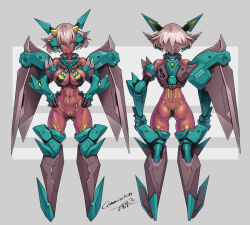 Rule 34 | 1girl, armor, ass, bare shoulders, blonde hair, blue eyes, breasts, colored skin, commission, fangs, from behind, grey background, hands on own hips, headgear, highres, large breasts, looking at viewer, mecha musume, mechanical wings, navel, original, red skin, revealing clothes, short hair, skeb commission, skindentation, standing, takada kazuhiro, wings