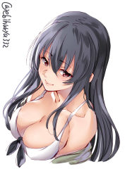 Rule 34 | 1girl, bikini, black hair, blush, breasts, closed mouth, ebifurya, fusou (kancolle), hair between eyes, hair ornament, highres, kantai collection, large breasts, long hair, looking at viewer, red eyes, simple background, smile, solo, swimsuit, twitter username, white background, white bikini