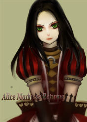 Rule 34 | 1girl, 302lion, alice: madness returns, alice (alice in wonderland), american mcgee&#039;s alice, black hair, closed mouth, dress, gloves, green eyes, heart, jupiter symbol, long hair, looking at viewer, puffy sleeves, simple background, solo