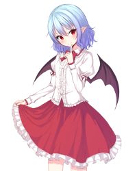 Rule 34 | 1girl, alternate costume, bat wings, blue hair, blush, closed mouth, clothes lift, cowboy shot, dress shirt, finger to mouth, frilled shirt collar, frills, hair between eyes, junior27016, lifting own clothes, long sleeves, looking at viewer, no headwear, no headwear, pointy ears, puffy long sleeves, puffy sleeves, red eyes, red skirt, remilia scarlet, shirt, short hair, skirt, skirt lift, smile, solo, touhou, tsurime, white background, white shirt, wings