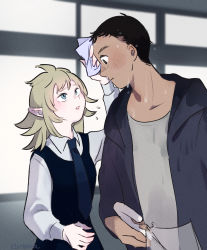 Rule 34 | 1boy, 1girl, black dress, black hair, blonde hair, blue eyes, blue necktie, blurry, blurry background, blush, closed umbrella, collared shirt, contemporary, dark-skinned male, dark skin, doni (dungeon meshi), dress, dungeon meshi, elf, fionil (dungeon meshi), flipped hair, hand up, height difference, highres, holding, holding umbrella, hood, hooded jacket, indoors, jacket, kuntama11, long sleeves, looking away, looking down, looking up, medium hair, necktie, parted lips, pointy ears, school uniform, shirt, short hair, umbrella, upper body, wet, white shirt, wiping face, wiping forehead