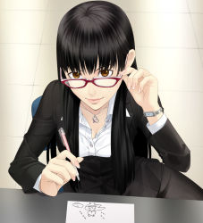 Rule 34 | 1girl, adjusting eyewear, black hair, breasts, brown eyes, chair, cleavage, collarbone, doodle, dress shirt, fingernails, formal, glasses, highres, jewelry, lips, long fingernails, long hair, looking up, medium breasts, nail polish, necklace, office chair, pen, red-framed eyewear, shirt, sitting, solo, suit, swivel chair, tile floor, tiles, unbuttoned, watch, wristwatch, yuasa tsugumi