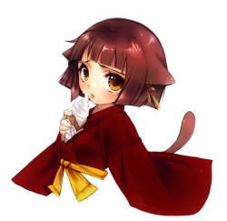 Rule 34 | animal ears, artist request, blush, brown hair, cat ears, cat tail, food, ice cream, japanese clothes, kimono, short hair, solo, tail, yellow eyes