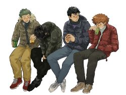 Rule 34 | 4boys, ^ ^, bad id, bad twitter id, black footwear, black hair, black jacket, black pants, blue pants, blush, brown footwear, brown hair, brown jacket, can, closed eyes, cold, crossed ankles, drink can, drinking, ear blush, facing down, full body, fur-trimmed jacket, fur trim, giving, green hair, hand in pocket, highres, hokari atsushi, holding, holding can, hood, hood down, hooded jacket, hunched over, invisible chair, jacket, kageura masato, laughing, lineup, long sleeves, looking at another, looking to the side, male focus, mask, mask pull, mizukami satoshi (world trigger), mouth mask, multiple boys, murakami kou, nose blush, open clothes, open jacket, own hands together, pants, red footwear, scarf, shoes, simple background, sitting, sneakers, socks, soda can, spiked hair, torotakudon, turtleneck, v arms, warming hands, white background, white footwear, winter clothes, world trigger, yellow pants