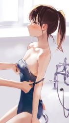 Rule 34 | 1girl, 1other, absurdres, arm support, backless swimsuit, bare shoulders, bathroom, bathtub, blue one-piece swimsuit, blush, breasts, brown hair, cleavage, clothes pull, collarbone, ear blush, embarrassed, highres, holding, holding clothes, holding swimsuit, looking away, nape, off shoulder, one-piece swimsuit, one-piece swimsuit pull, original, ponytail, profile, pulling another&#039;s clothes, sideboob, sitting, small breasts, strap pull, sweatdrop, swimsuit, tomozero, window
