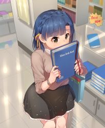 Rule 34 | 10s, 1girl, asymmetrical bangs, black skirt, blue hair, book, book stack, bookshelf, braid, breasts, brown shirt, covering own mouth, english text, french braid, frilled skirt, frills, from above, holding, holding book, idolmaster, idolmaster million live!, indoors, kamille (vcx68), long sleeves, looking at viewer, nail polish, nanao yuriko, ribbon, shirt, short hair, sign, skirt, small breasts, solo, standing, tile floor, tiles, watch, wristwatch, yellow eyes, yellow ribbon