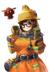 Rule 34 | 1girl, alternate costume, bad id, bad pixiv id, breasts, brown eyes, brown hair, chin strap, coat, emyo, firefighter, glasses, gloves, hair ornament, hairpin, hat, highres, looking at viewer, medium breasts, mei (overwatch), overwatch, overwatch 1, rescue mei, short hair, simple background, smile, solo, uniform