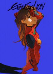 Rule 34 | 1girl, artist request, ass, blue background, blue eyes, bodysuit, breasts, brown hair, covering face, cowboy shot, full body, gluteal fold, highres, interface headset, long hair, looking at viewer, looking to the side, medium breasts, neon genesis evangelion, pilot suit, plugsuit, red bodysuit, shiny clothes, simple background, solo, souryuu asuka langley, standing, title, tsundere, turtleneck