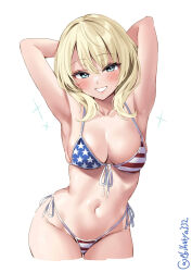 Rule 34 | 1girl, american flag bikini, armpits, arms up, bikini, blonde hair, blue eyes, breasts, cleavage, collarbone, colorado (kancolle), cowboy shot, cropped legs, ebifurya, flag print, front-tie bikini top, front-tie top, highres, kantai collection, lips, looking at viewer, medium breasts, navel, one-hour drawing challenge, short hair, side-tie bikini bottom, smile, solo, sparks, stomach, swimsuit, twitter username, white background
