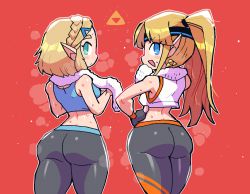Rule 34 | 2girls, ass, blonde hair, blue eyes, braid, cosplay, crown braid, dual persona, earrings, from behind, green eyes, headband, highres, jewelry, light blush, looking at viewer, looking back, multiple girls, nintendo, pants, pointy ears, ponytail, princess zelda, rariatto (ganguri), red background, ring fit adventure, ring fit trainee, ring fit trainee (cosplay), short hair, steaming body, sweat, tank top, the legend of zelda, the legend of zelda: a link to the past, the legend of zelda: breath of the wild, the legend of zelda: tears of the kingdom, towel, towel around neck, triforce, wii fit, wii fit trainer, wii fit trainer (cosplay), wii fit trainer (female), yoga pants