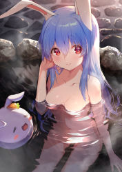 Rule 34 | 1girl, absurdres, animal ear fluff, animal ears, blue hair, blush, breasts, closed mouth, collarbone, commentary request, completely nude, female focus, hair ornament, highres, hololive, kutar22, long hair, looking at viewer, navel, nude, onsen, partially submerged, pekomon (usada pekora), rabbit-shaped pupils, rabbit ears, red eyes, short eyebrows, sitting, small breasts, smile, solo, stomach, symbol-shaped pupils, thick eyebrows, usada pekora, virtual youtuber, water, wet, wet hair