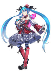 Rule 34 | 1girl, bad id, bad pixiv id, blue eyes, blue hair, boots, collared legwear, corset, cross-laced footwear, doll, full body, hair ornament, hair ribbon, hairclip, hat, hatsune miku, knee boots, lace-up boots, long hair, matching hair/eyes, mini hat, mini top hat, pantyhose, ribbon, simple background, smile, solo, spatterdashes, striped clothes, striped pantyhose, tokumaro, top hat, twintails, very long hair, vocaloid, white background, wings