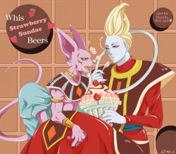 Rule 34 | 2boys, armband, artist name, beerus, blonde hair, blue skin, character name, choker, claws, colored sclera, colored skin, dragon ball, dragonball z, earrings, egyptian clothes, food, fruit, ice cream, jewelry, multiple boys, nail polish, purple eyes, purple nails, purple skin, raku220p, robe, signature, single earring, spoon, strawberry, sundae, tail, utensil in mouth, whipped cream, whis, wristband, yellow sclera